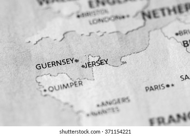 Closeup Of Jersey, UK On A Political Map Of Europe. (black And White)