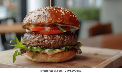 Close-up of a juicy beef burger with tomato, lettuce, and pickles. - Powered by Shutterstock