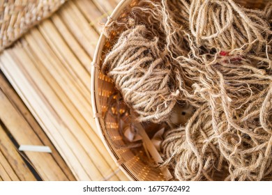 Closeup Jute String In Bamboo Basket, Nature Textured Hessian String