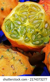 Closeup Of Kiwano Sliced In Outdoor Market Stall. Sao Paulo State. Brazil