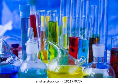 A closeup of laboratory equipment with colorful chemical elements