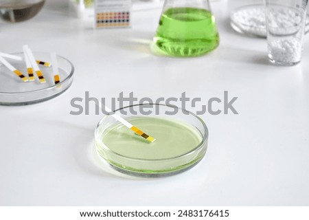 Close-up of a laboratory Petri dish with test paper for testing an alkaline acid solution against the background of chemical tools and glassware. Selective focus.