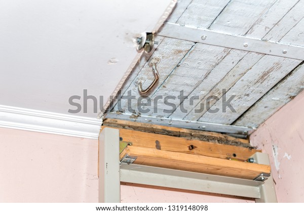 Closeup Ladder Leading Closed Door Latch Stock Photo Edit Now
