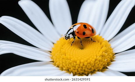 A close-up of a ladybug perched on a daisy, showcasing vibrant colors and intricate details. The insect is in focus.