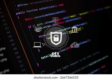 Close-up of Laravel authentication code with lock icon, cloud, server, and user access symbols. Ideal for secure login systems, backend protection, and cybersecurity development content.