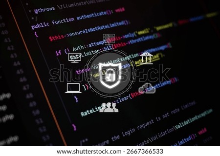 Close-up of Laravel authentication code with lock icon, cloud, server, and user access symbols. Ideal for secure login systems, backend protection, and cybersecurity development content.