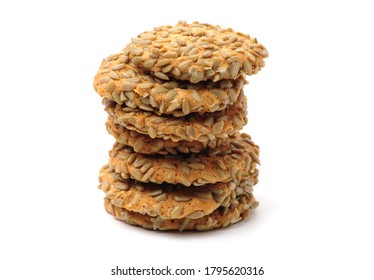 Closeup Large Biscuits With Sunflower Seeds On White Background