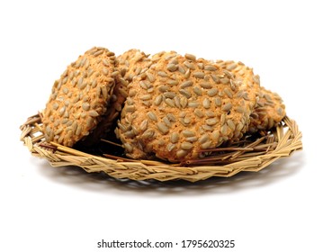 Closeup Large Biscuits With Sunflower Seeds On White Background