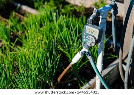 Close-up large display of water timer at community garden in Dallas, Texas, outlet hose faucet digital timer with Y splitter connector automate drip irrigation system, water energy conservation. USA
