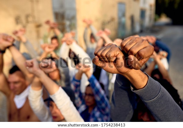 Closeup Large Group Protesters Clenched Fists Stock Photo (Edit Now ...