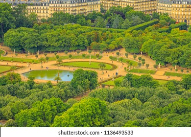Closeup of Le Jardin du Luxembourg gardens from panoramic terrace of Tour Montparnasse. Aerial view of Paris urban public park, and french style gardens of residence palace of the Senate President.