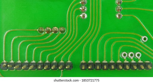 Close-Up A Lead Solder A Pin Of A Socket Ribbon Pin Cable On A Pcb Borad.