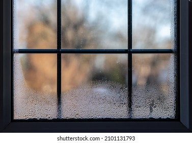 Close-up of a leaded double glazed window with condensation inside on after a very cold night