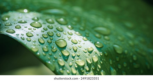 Close-up leaf water drops background, morning sunlight artistic nature macro. Beautiful raindrops soft pastel blue green blurred foliage background. Summer nature pattern, perfect relax tranquility - Powered by Shutterstock