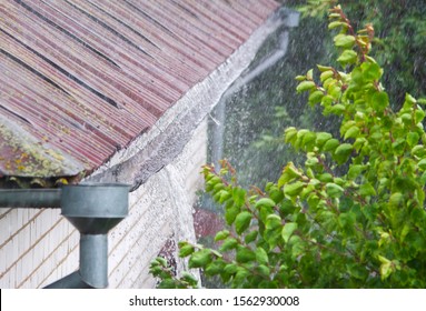 Closeup Leaking Rain Gutter Full Water Stock Photo 1562930008