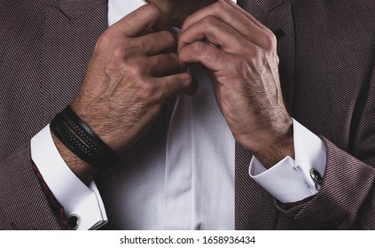 Closeup Leather Bracelet On Man's Wrist