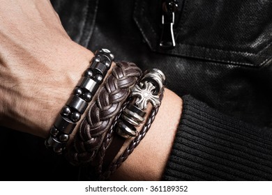 Closeup Leather Bracelet On Man's Wrist