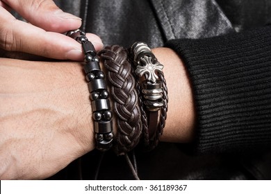 Closeup Leather Bracelet On Man's Wrist