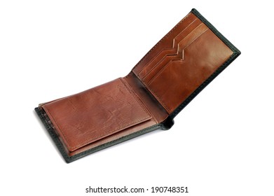 Close-up of leather wallet isolated on white background, selective focus.