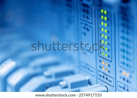 Close-up of led indicators on a network server in a data center.