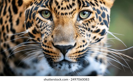 A close-up of a leopard showcases its striking and intense gaze directly into the camera. Its piercing green eyes, prominent whiskers, and sleek, muscular build are visible, a blurred background. - Powered by Shutterstock