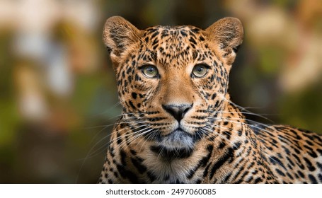 A close-up of a leopard showcases its striking and intense gaze directly into the camera. Its piercing green eyes, prominent whiskers, and sleek, muscular build are visible, a blurred background. - Powered by Shutterstock