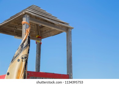 Close-up With Lifeguard Tower Detail With Sky In The Background