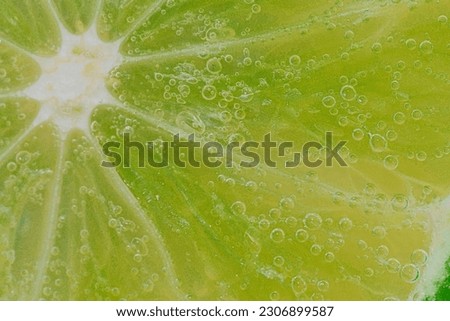 Close-up of a lime slice in liquid with bubbles. Slice of ripe lime in water. Close-up of fresh lime slice covered by bubbles. Macro shot of a slice of lime in sparkling water. Citrus in water.