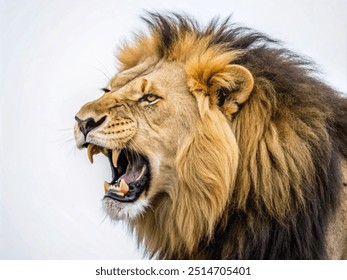 Close-up of a Lion roaring, isolated on white. Male African Lion (Panthera leo) doing flehman response - Powered by Shutterstock