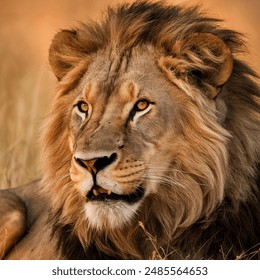 Close-up of a lion's face, capturing its majestic mane, intense gaze, and powerful presence. Perfect for wildlife enthusiasts, nature photography collections - Powered by Shutterstock