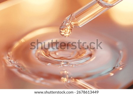 Close-up of a liquid drop falling into water creating ripples, macro shot with a dropper and liquid