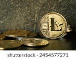 Closeup of Litecoin cryptocurrency with blurred background and copy space