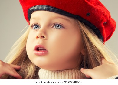 Close-up Little Girl Todler Face Wearing Red Hat Beret