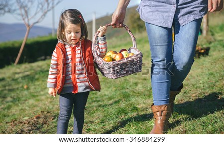 Image, Stock Photo Little girl woman carrying wicker basket with fresh organic apples