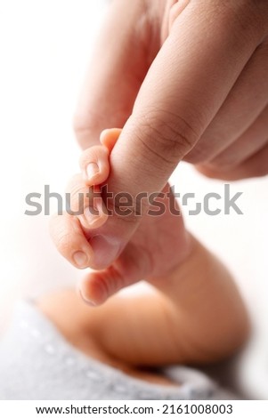 Close-up little hand of child and palm of mother and father. The newborn baby has a firm grip on the parent's finger after birth. A newborn holds on to mom's, dad's finger.