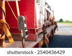 Close-up at locking device of safety latching strap that using for secure equipment or heavy object that transport on trailer truck. Transportation industrial equipment object, selective focus.