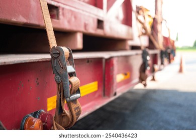 Close-up at locking device of safety latching strap that using for secure equipment or heavy object that transport on trailer truck. Transportation industrial equipment object, selective focus.