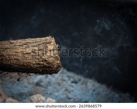 close-up of a log in a fire pit with some smoke emanating from the end with copy space. exothermic reaction, fire safety, or bonfire design element.