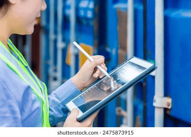 Closeup Logistic Worker industry using Online Tablet Technology Application Tracking Cargo Container World Wide Management.