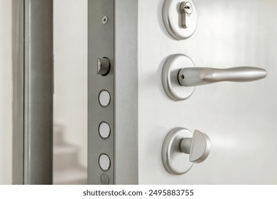 Close-up look at high security lock of an white armored home door