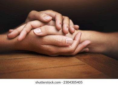 Closeup, love and holding hands for support, comfort and care with grief, loss and empathy. Zoom, people and friends with compassion, sympathy and healing with bonding, hope and trust with crisis