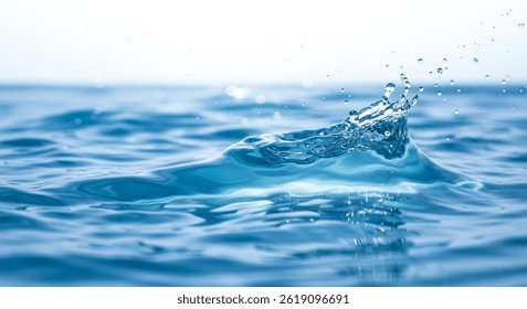 Close-up low angle dynamic shot of a water droplet splash forming a small crown-like shape and ripples on the surface of the ocean against a blurry sky.