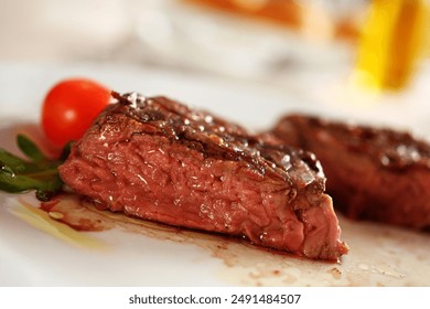 Close-Up Low Angle View of Chef Serving Sliced Steak with Vegetables: 4K of Olive Oil Drizzle and Plate Decoration - Powered by Shutterstock