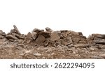 Close-up low angle view isolate of concrete debris, removed from road demolition and dumped on the ground, commonly seen in rural Thai road construction.