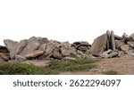 Close-up low angle view isolate of concrete debris, removed from road demolition and dumped on the ground, commonly seen in rural Thai road construction.