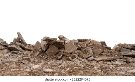 Close-up low angle view isolate of concrete debris, removed from road demolition and dumped on the ground, commonly seen in rural Thai road construction.