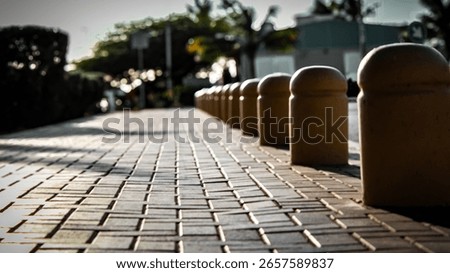 close-up, low-angle perspective of a brick sidewalk, lined with a series of light-colored bollards or posts