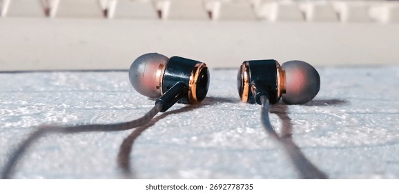 Close-up, low-angle shot of a pair of wired in-ear headphones (earbuds) resting on a textured white or light gray surface. The earbuds feature a sleek black and metallic gold design
