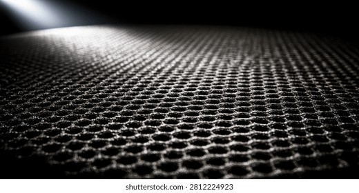 A close-up, low-angle view of a dark, textured surface with a repeating hexagonal pattern, dramatically lit by a bright spotlight from the upper left.