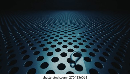 A close-up, low-angle view of a metallic surface with a regular pattern of circular perforations, illuminated with a cool blue light.